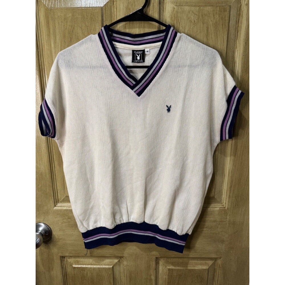 Vintage Playboy Cream Purple Trimmed Short Sleeve Pull Over Sweater Medium USA